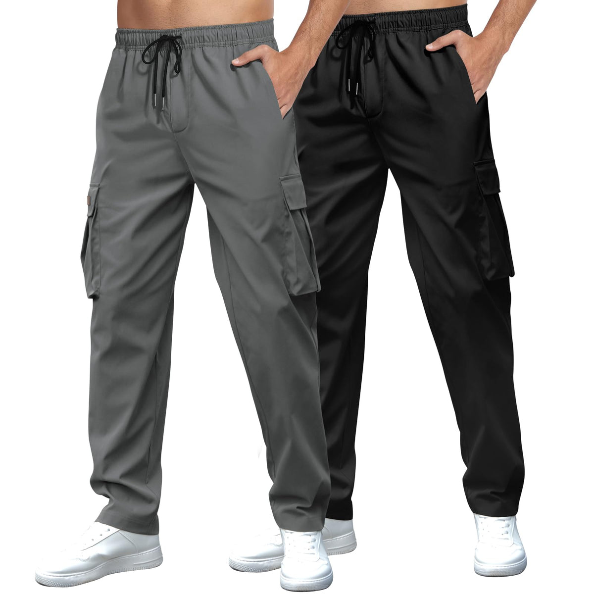 Mens Casual Cargo Pants Drawstring Elastic Waist Sweatpants for Men | Loose Fit Lightweight Tactical Pants with 4 Pockets Outdoor Hiking Athletic Joggers
