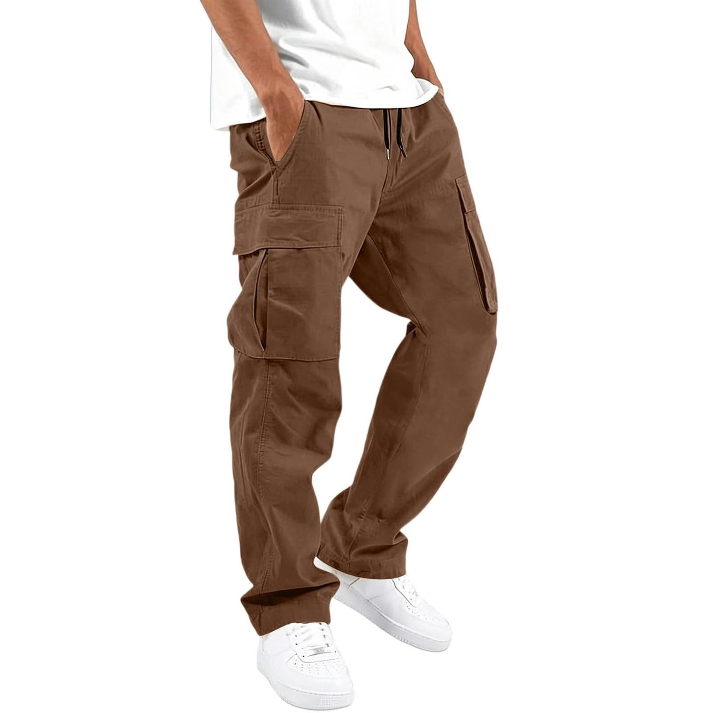 Mens Cargo Pants Casual Relaxed Fit Elastic Waist Hiking Cargo Work Pants | Drawstring Cargo Hiking Pants with Multi Pockets Straight Leg Athletic Pants for Outdoor Camping Fishing Workout Sweatpants