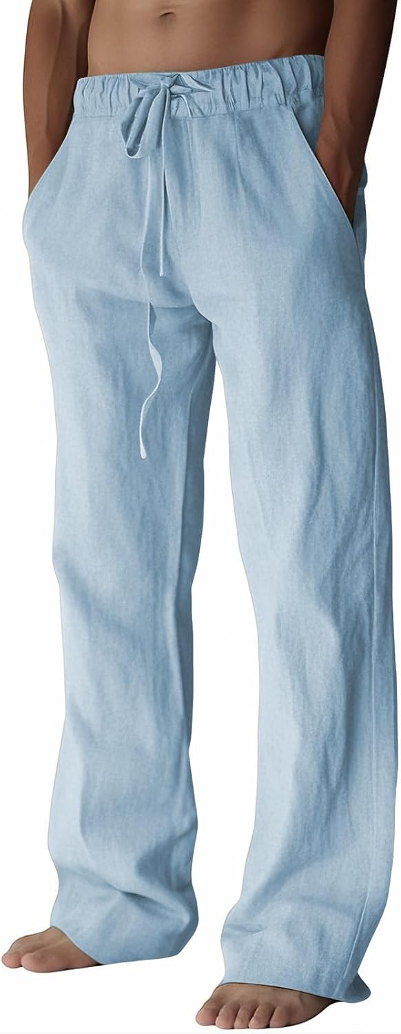 PIDOGYM Mens Cotton Linen Pants Beach Casual Pajama Pants with Pockets | Elastic Waist Drawstring, Lightweight, Wide Leg Loose Design, Vacation Summer Outfits, Baggy Dress Trousers, Yoga for Women