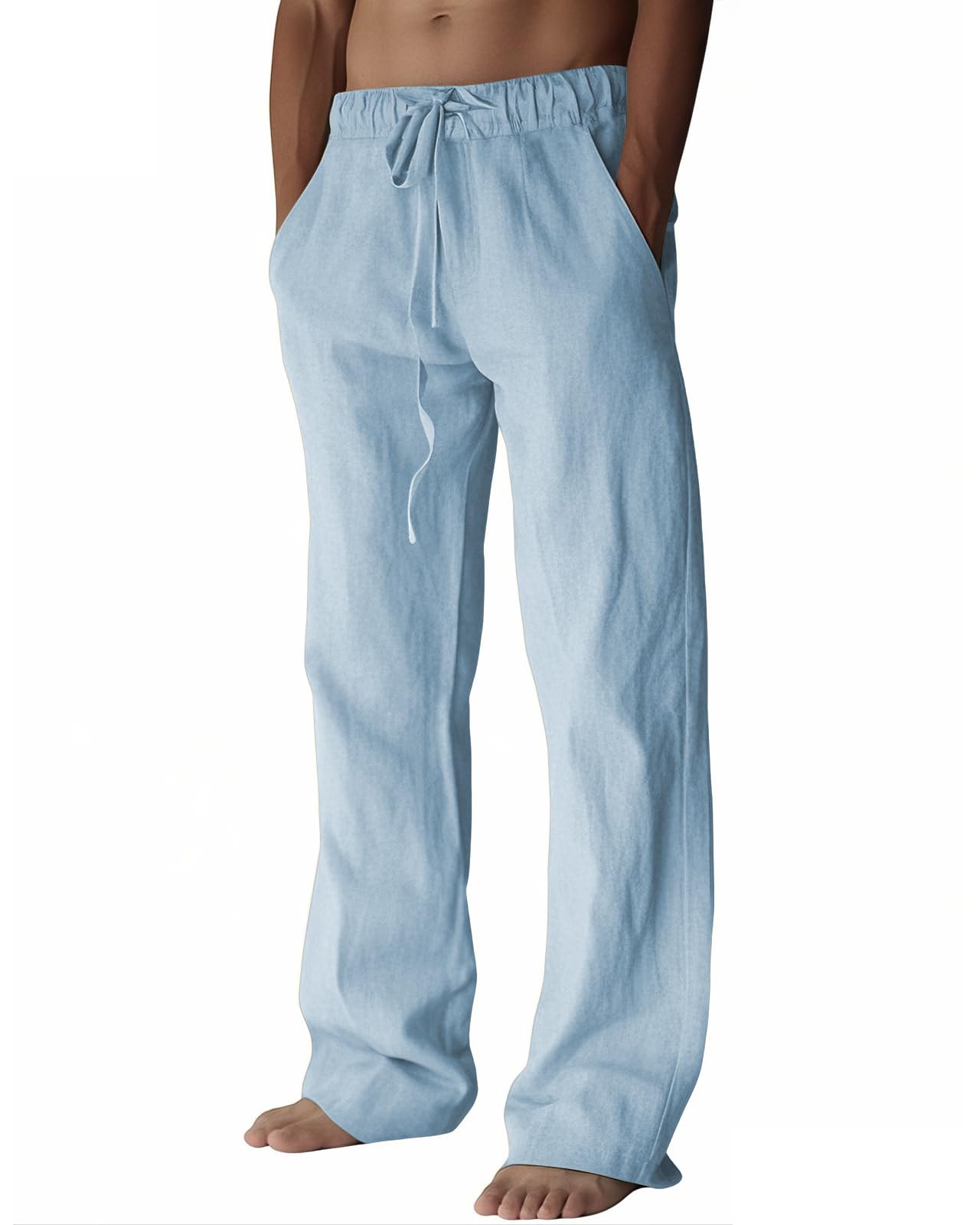 PIDOGYM Mens Cotton Linen Pants Beach Casual Pajama Pants with Pockets | Elastic Waist Drawstring, Lightweight, Wide Leg Loose Design, Vacation Summer Outfits, Baggy Dress Trousers, Yoga for Women