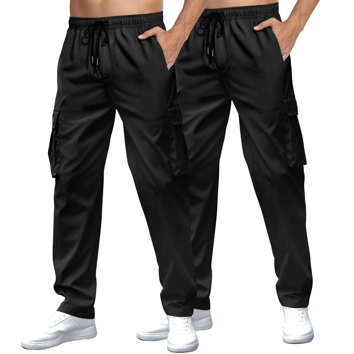 Mens Casual Cargo Pants Drawstring Elastic Waist Sweatpants for Men | Loose Fit Lightweight Tactical Pants with 4 Pockets Outdoor Hiking Athletic Joggers