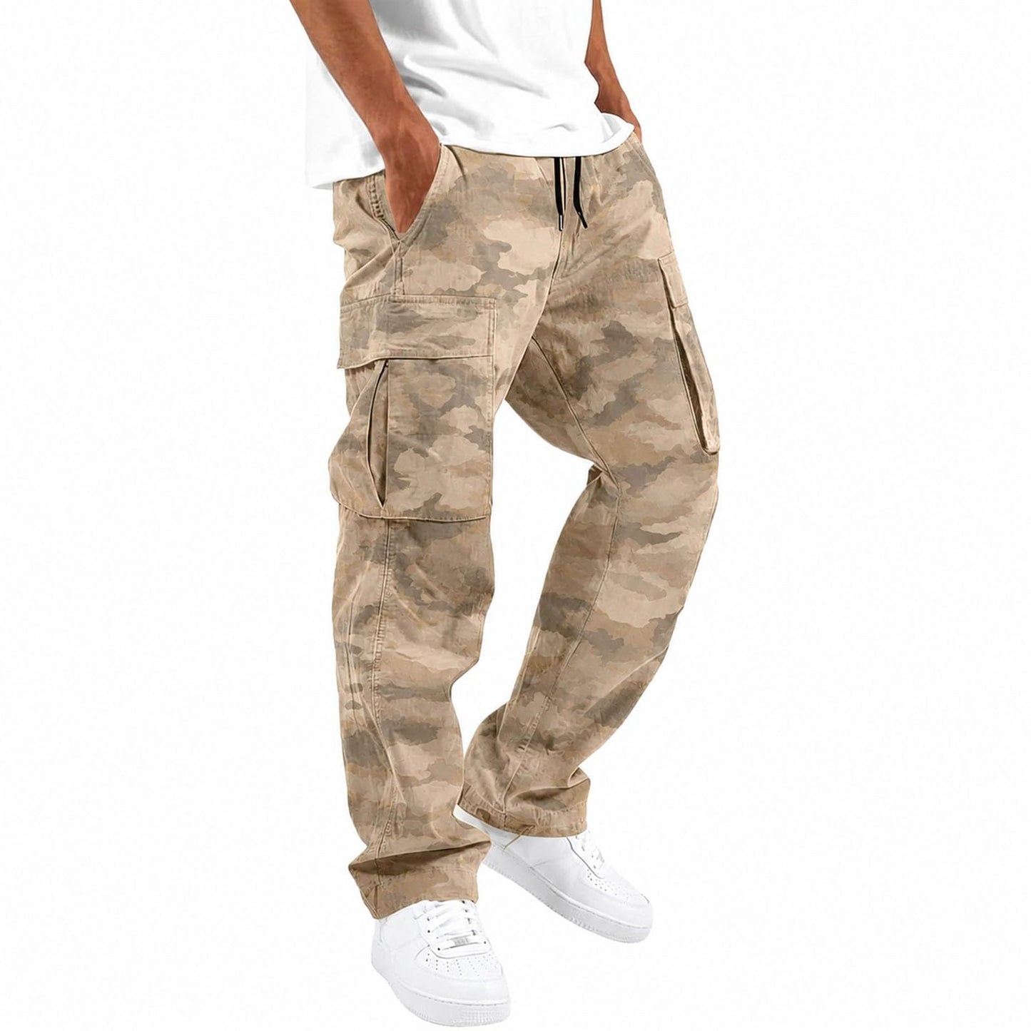 Mens Cargo Pants Casual Relaxed Fit Elastic Waist Hiking Cargo Work Pants | Drawstring Cargo Hiking Pants with Multi Pockets Straight Leg Athletic Pants for Outdoor Camping Fishing Workout Sweatpants