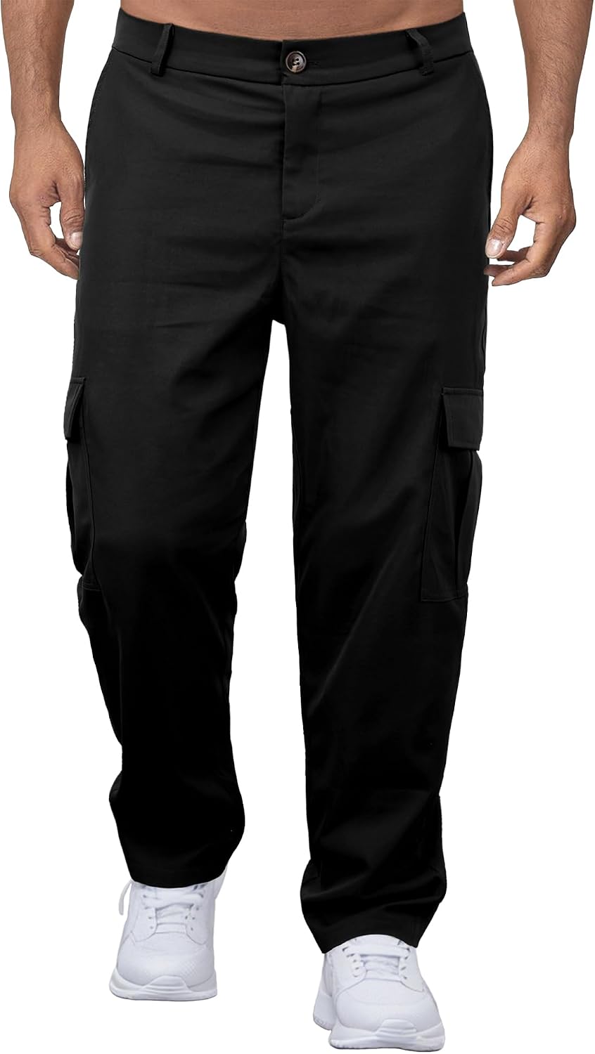 Comdecevis Men's Casual Cargo Pants Relaxed Fit Work Pants | Straight leg, elastic waist, 6 utility pockets, lightweight & breathable, zipper fly with button, ideal for casual work