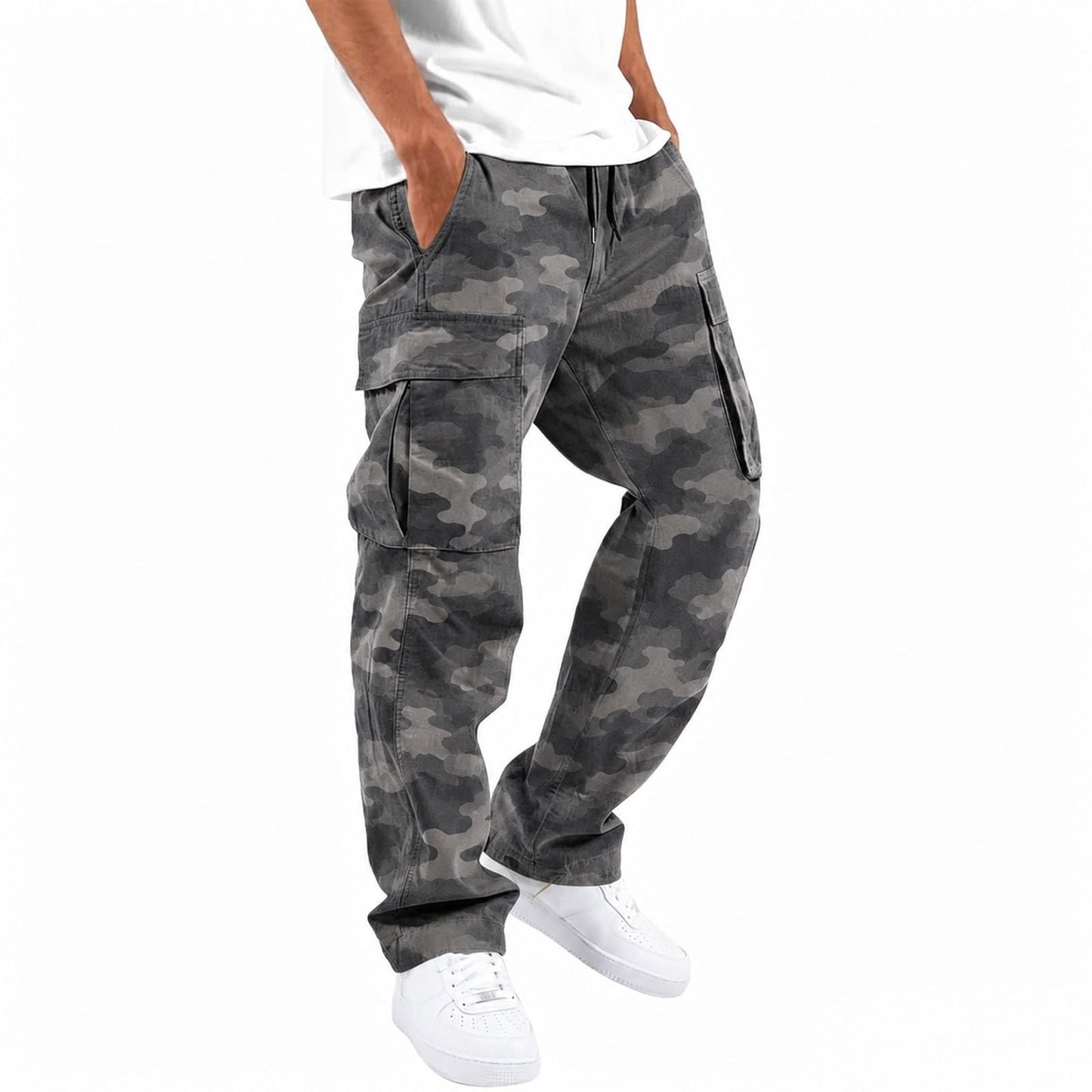 Mens Cargo Pants Casual Relaxed Fit Elastic Waist Hiking Cargo Work Pants | Drawstring Cargo Hiking Pants with Multi Pockets Straight Leg Athletic Pants for Outdoor Camping Fishing Workout Sweatpants