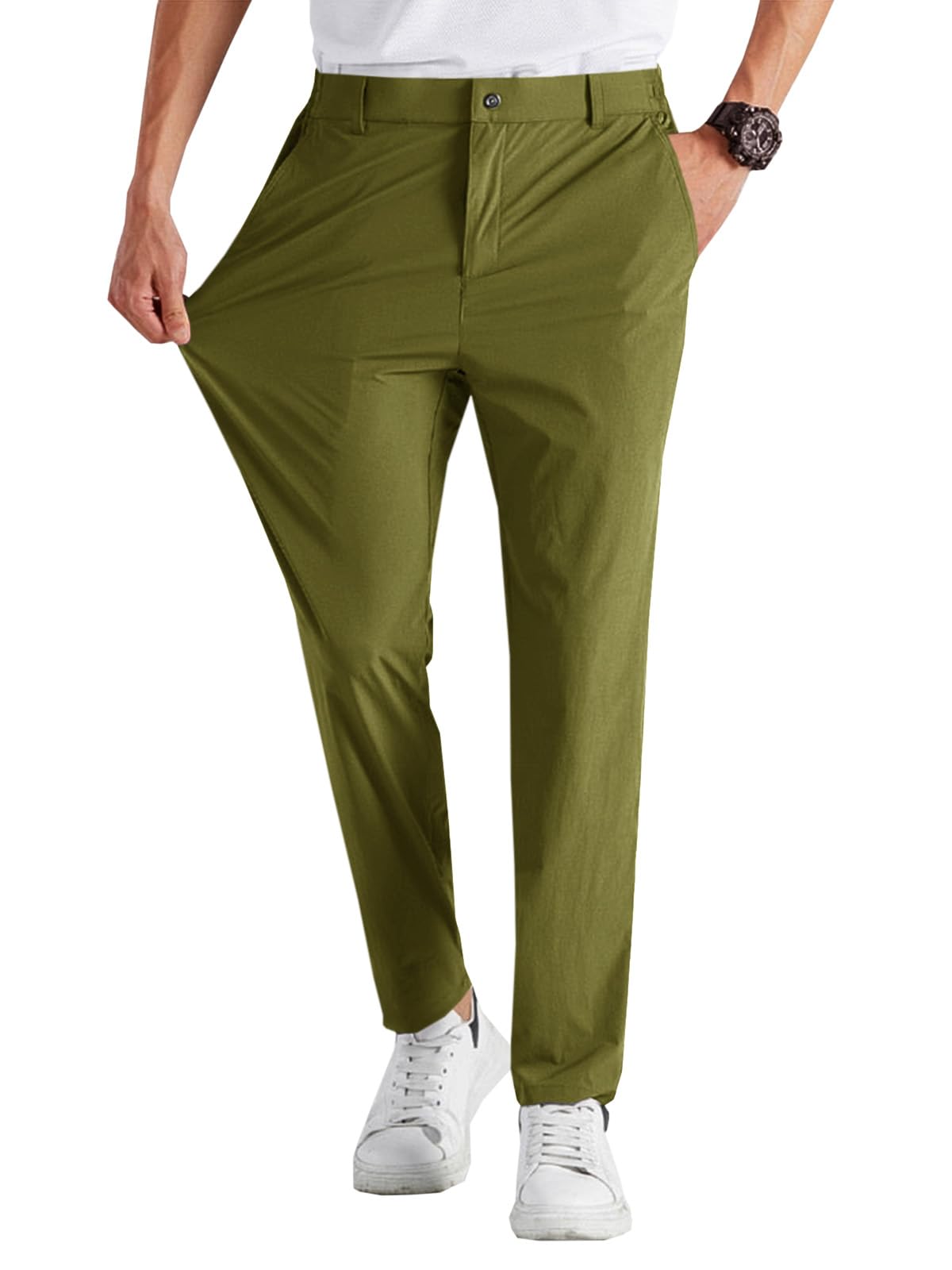 Runcati Mens Stretch Golf Pants Casual Dress Pants Work Trousers | Slim Fit, Quick Dry, Lightweight, Comfy, Slacks, Pockets, Elastic Waist, Tapered, Cropped, 30", 29", Chino