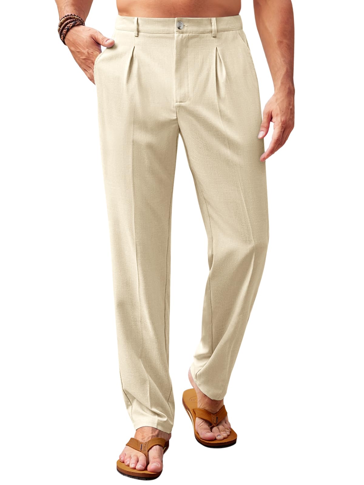 Runcati Mens Casual Pants Elastic Waist Lightweight Loose Pleated Slacks | Summer Beach, Yoga Trousers, Button Closure, Straight Leg, With Pockets, Solid Color
