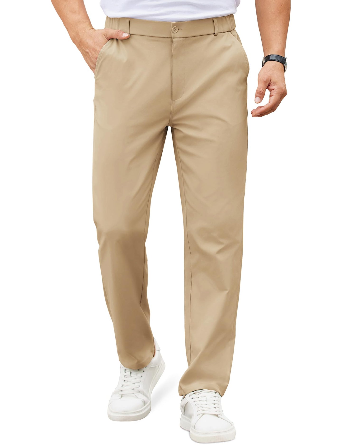 COOFANDY Mens Casual Chino Pants Elastic Waist Classic-Fit Dress Slacks | Hybrid Waistband, Flat Front, Lightweight, Stretchy, Comfortable, Straight Leg, Business Casual Trousers