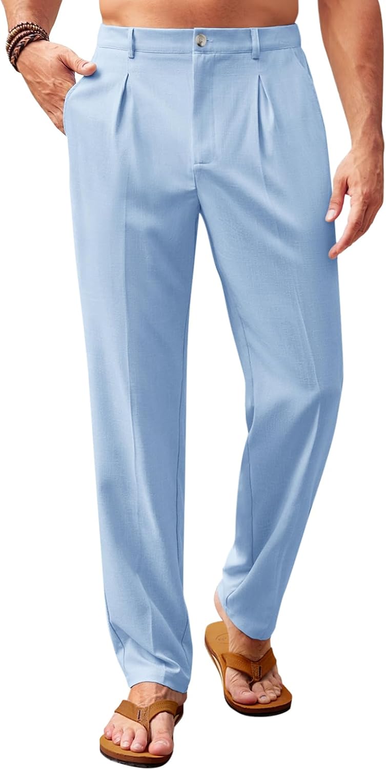 Runcati Mens Casual Pants Elastic Waist Lightweight Loose Pleated Slacks | Summer Beach, Yoga Trousers, Button Closure, Straight Leg, With Pockets, Solid Color