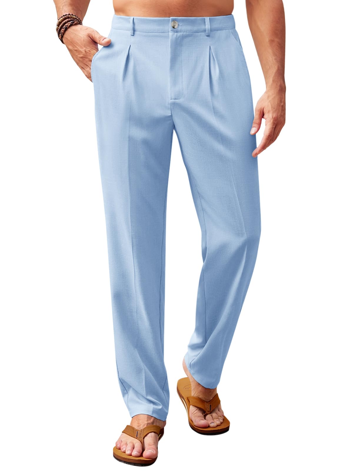 Runcati Mens Casual Pants Elastic Waist Lightweight Loose Pleated Slacks | Summer Beach, Yoga Trousers, Button Closure, Straight Leg, With Pockets, Solid Color