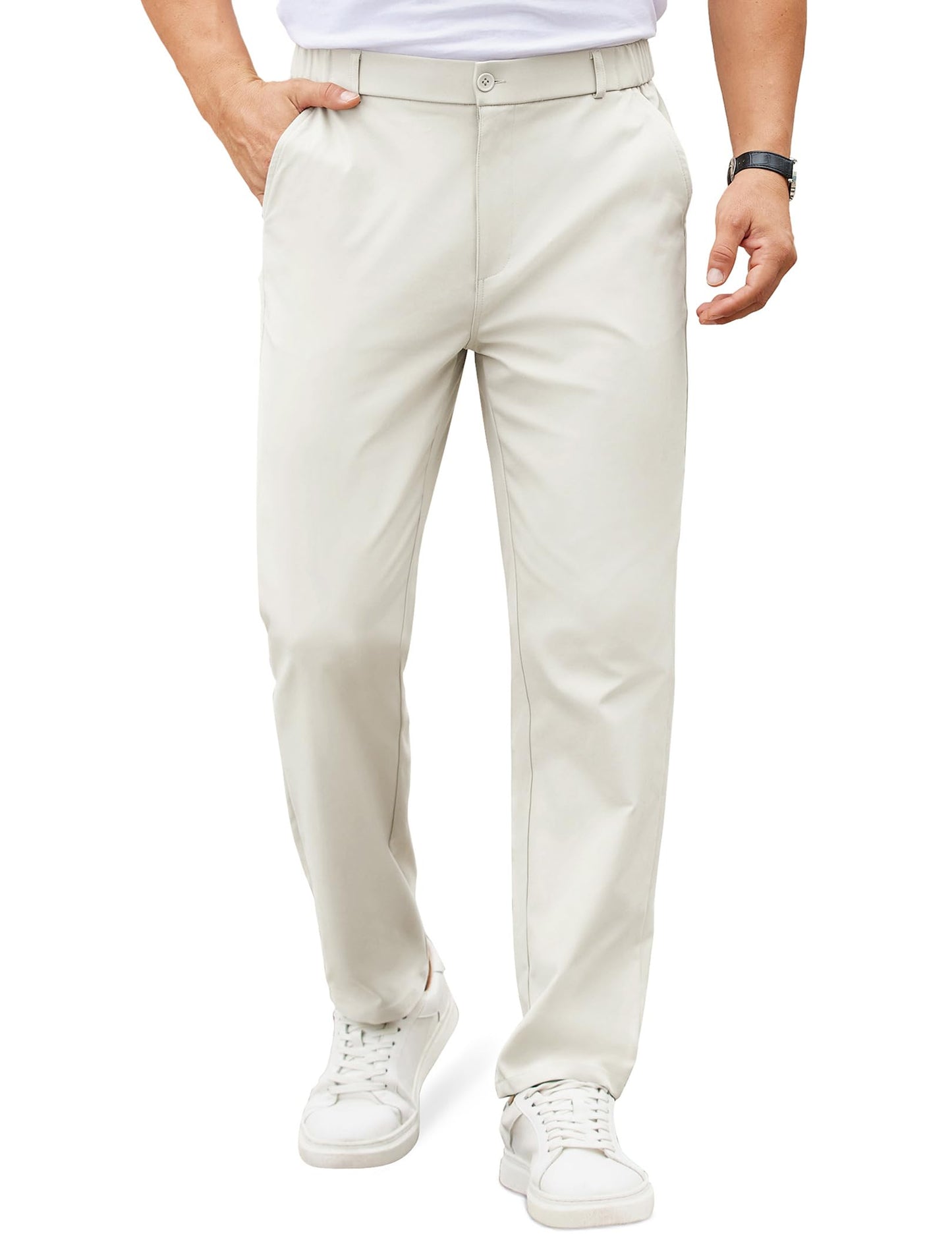 COOFANDY Mens Casual Chino Pants Elastic Waist Classic-Fit Dress Slacks | Hybrid Waistband, Flat Front, Lightweight, Stretchy, Comfortable, Straight Leg, Business Casual Trousers