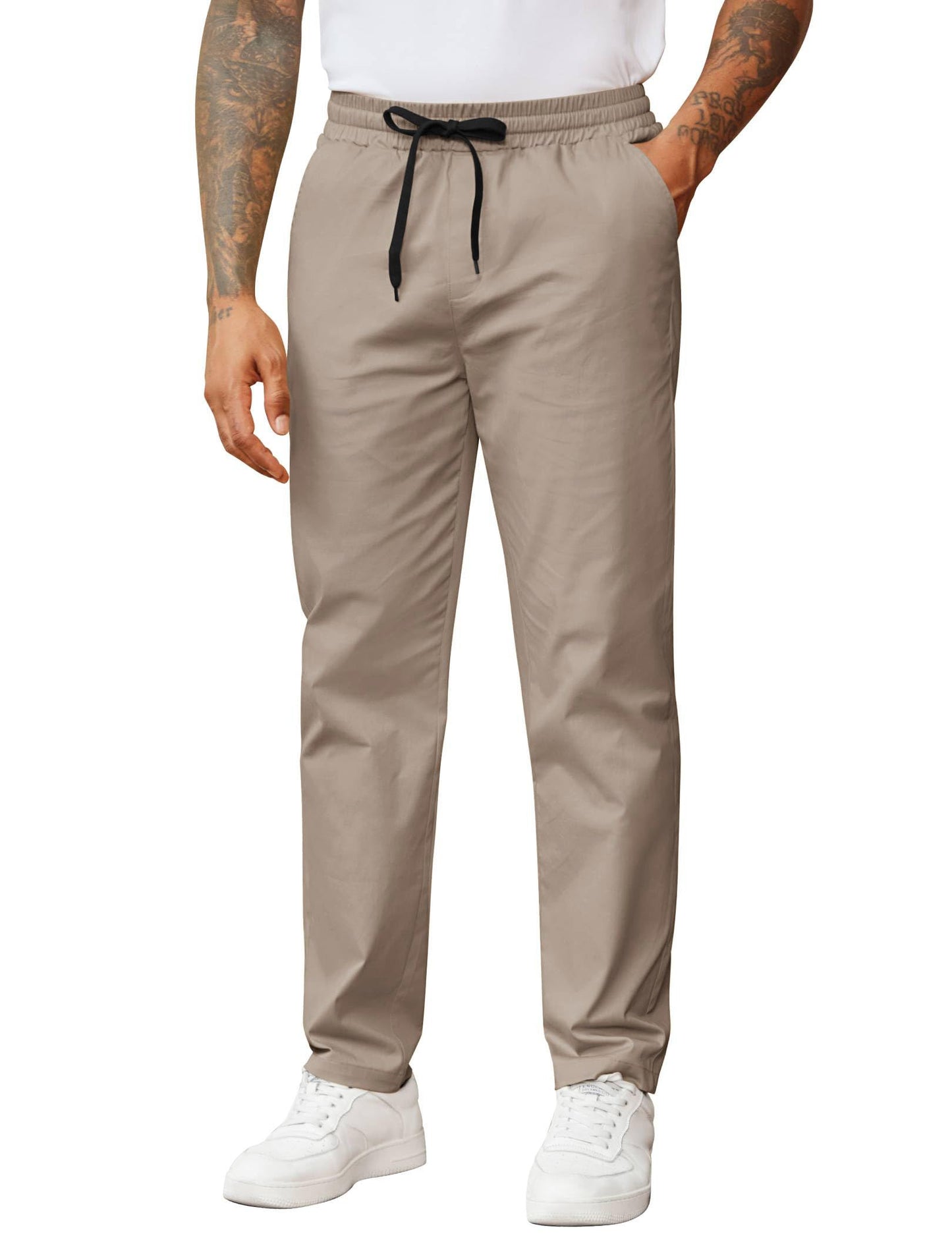 COOFANDY Men's Casual Pants Drawstring Elastic Waist Chino Pants Straight Leg Slacks Cotton Twill Trousers with Pockets