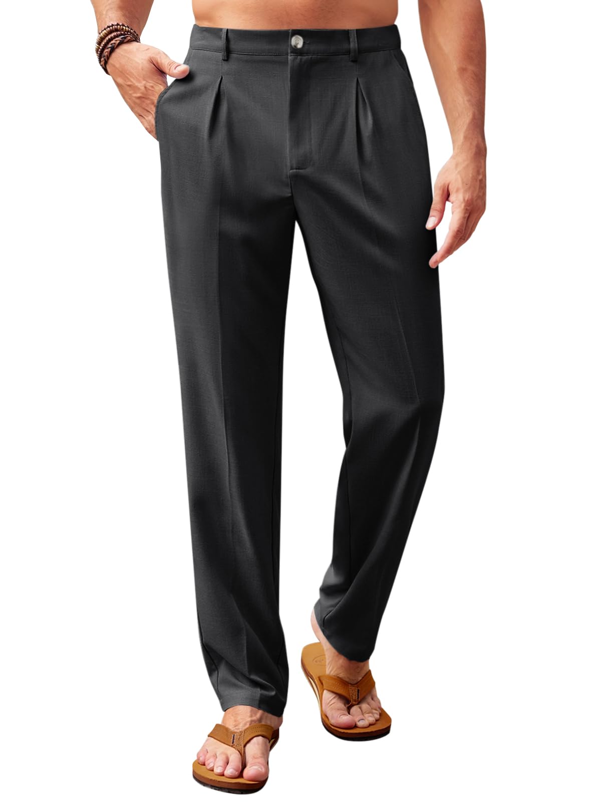 Runcati Mens Casual Pants Elastic Waist Lightweight Loose Pleated Slacks | Summer Beach, Yoga Trousers, Button Closure, Straight Leg, With Pockets, Solid Color