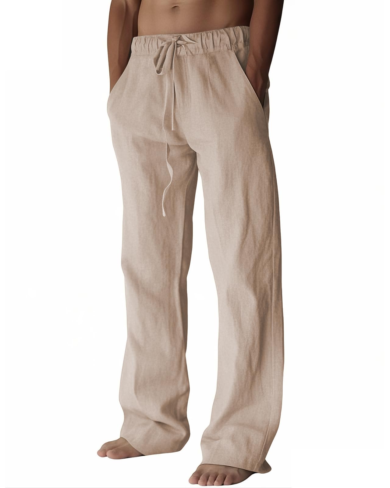 PIDOGYM Mens Cotton Linen Pants Beach Casual Pajama Pants with Pockets | Elastic Waist Drawstring, Lightweight, Wide Leg Loose Design, Vacation Summer Outfits, Baggy Dress Trousers, Yoga for Women