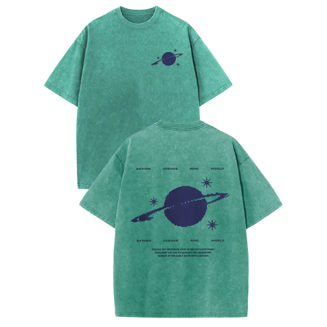 Holafish 100% Cotton Saturn Cosmos Womens Acid Washed T‑Shirt Retro Dual‑Side Graphic Printed Unisex Fashion Tees Summervibes Casual Top 2026
