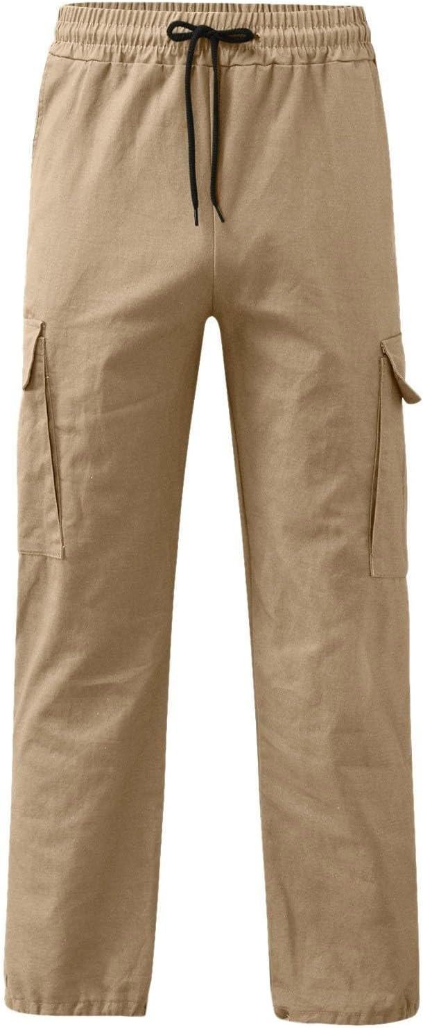 Mens Cargo Pants Casual Relaxed Fit Elastic Waist Hiking Cargo Work Pants | Drawstring Cargo Hiking Pants with Multi Pockets Straight Leg Athletic Pants for Outdoor Camping Fishing Workout Sweatpants