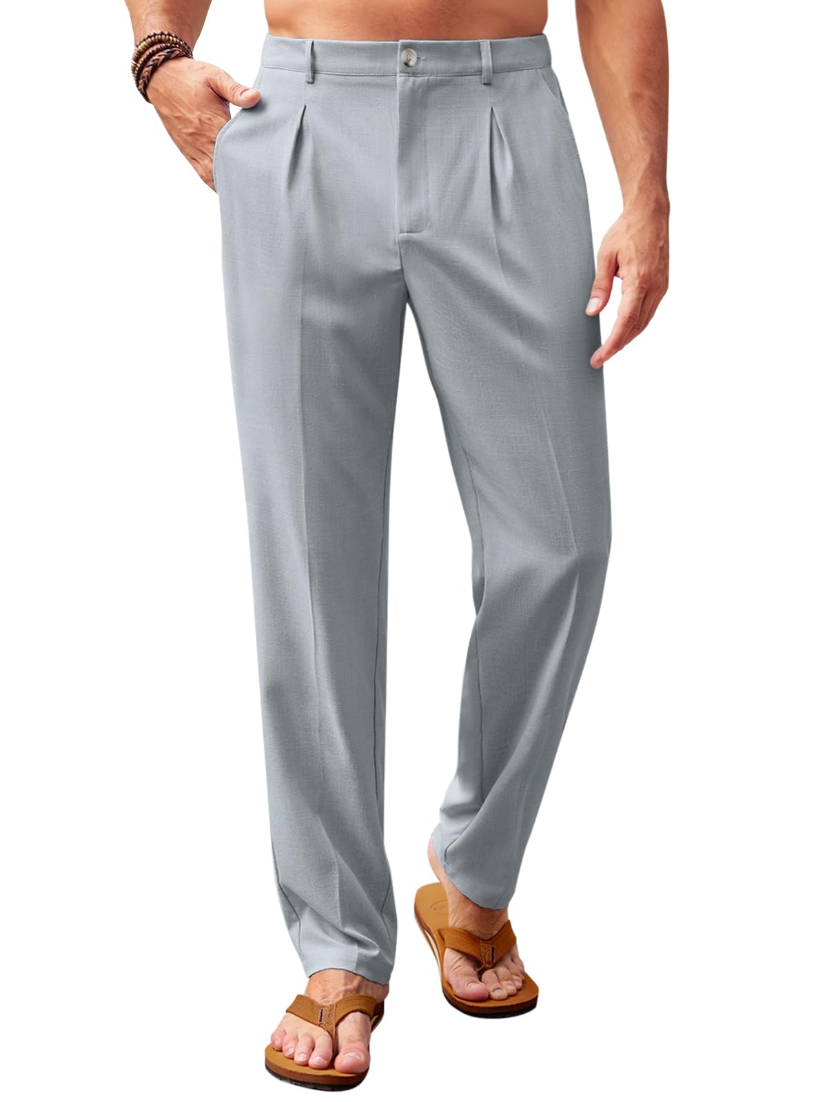 Runcati Mens Casual Pants Elastic Waist Lightweight Loose Pleated Slacks | Summer Beach, Yoga Trousers, Button Closure, Straight Leg, With Pockets, Solid Color