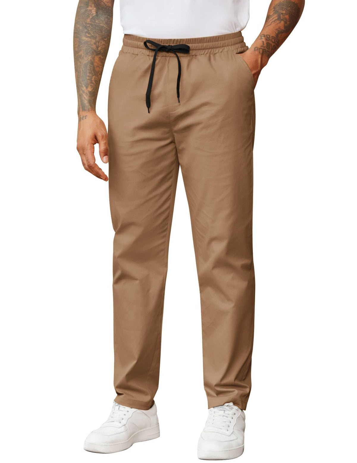 COOFANDY Men's Casual Pants Drawstring Elastic Waist Chino Pants Straight Leg Slacks Cotton Twill Trousers with Pockets
