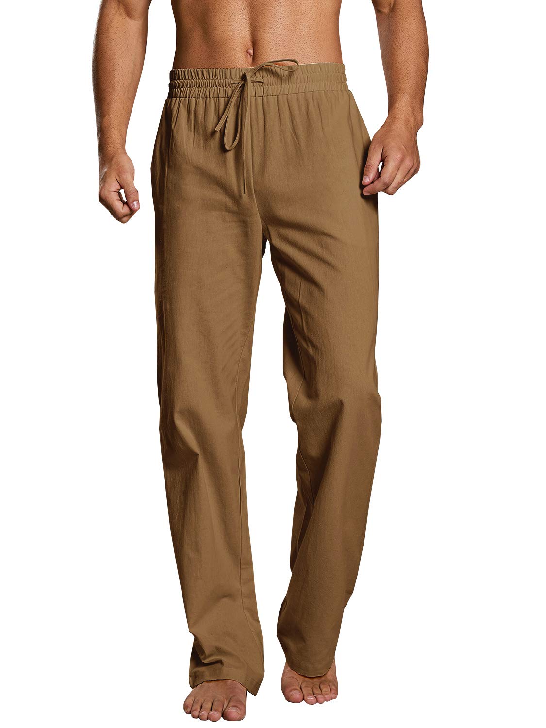 PASLTER Mens Cotton Linen Pants Casual Summer Beach Pants Dress Trousers | Loose Fit, Elastic Drawstring Waist, Lightweight, Straight-Legs, Slacks, Yoga, Work, Vacation, Quick Dry