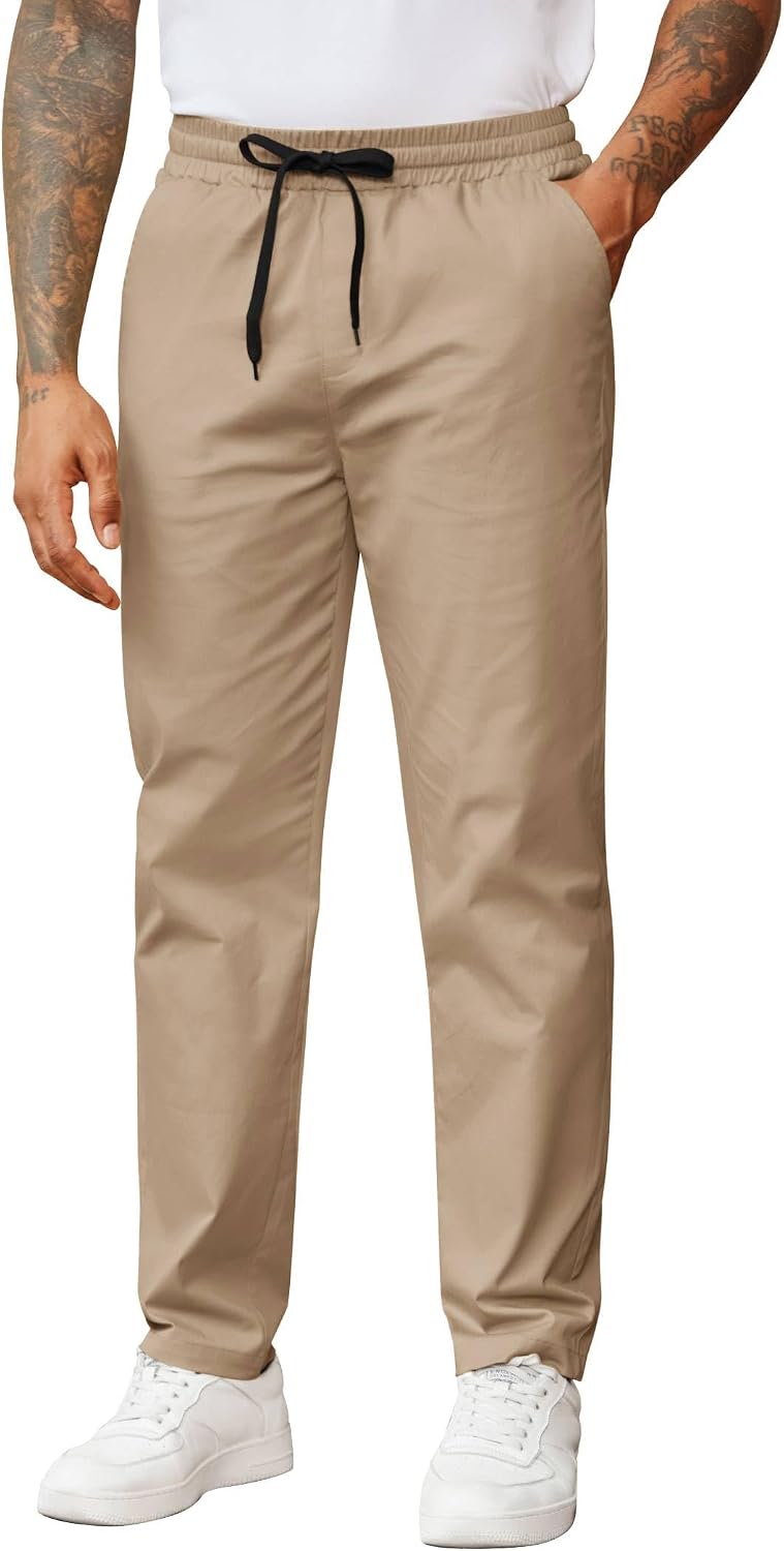 COOFANDY Men's Casual Pants Drawstring Elastic Waist Chino Pants Straight Leg Slacks Cotton Twill Trousers with Pockets
