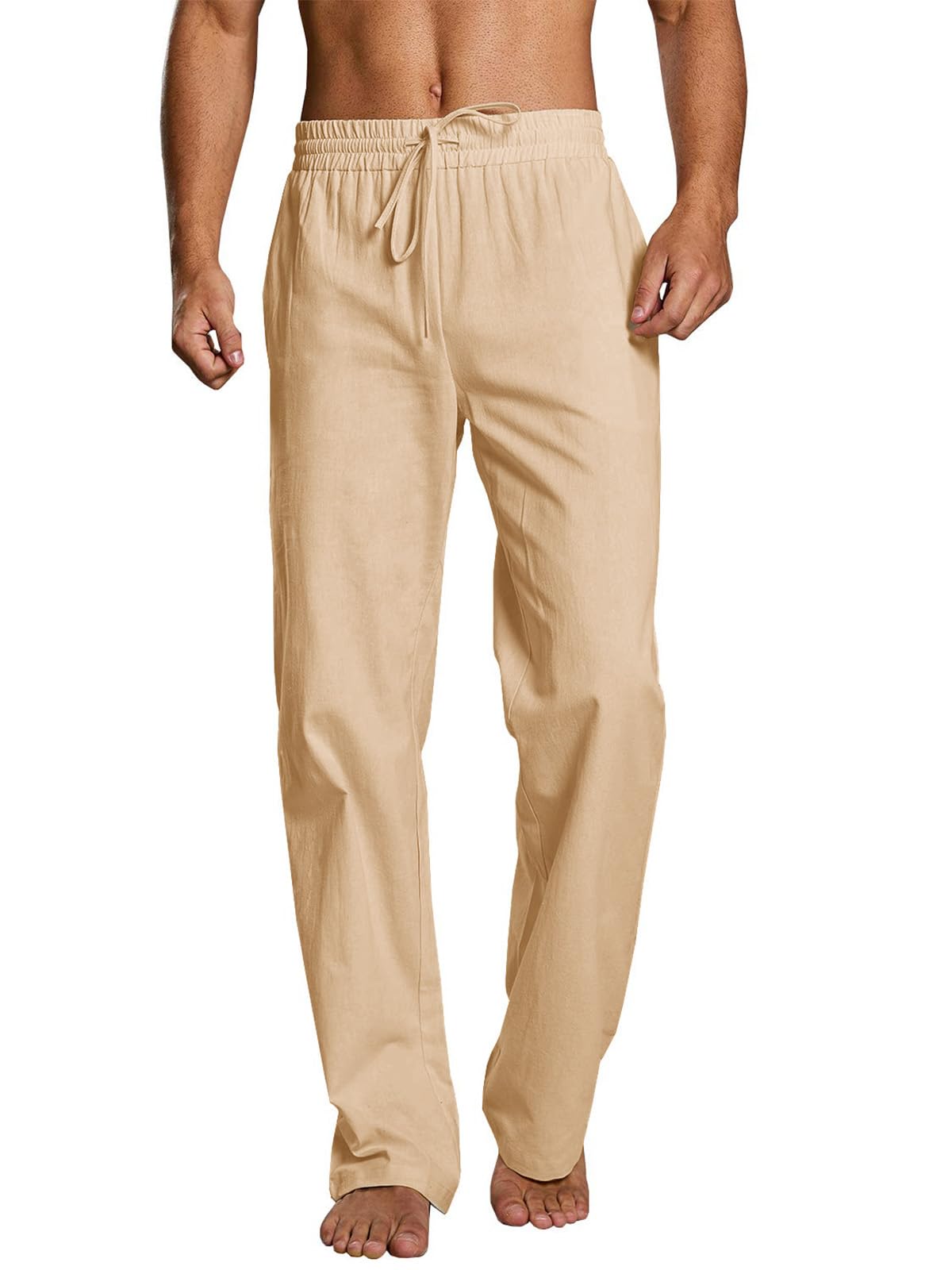 PASLTER Mens Cotton Linen Pants Casual Summer Beach Pants Dress Trousers | Loose Fit, Elastic Drawstring Waist, Lightweight, Straight-Legs, Slacks, Yoga, Work, Vacation, Quick Dry