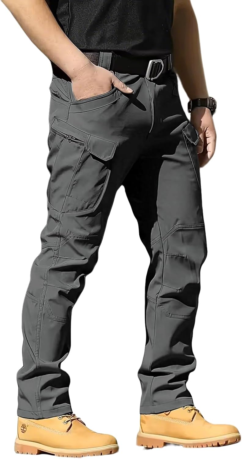 Men's Tactical Pants Stretch Waterproof Fabric Durable Cargo Pants for Hiking Casual Work Multi Pockets (No Belt)