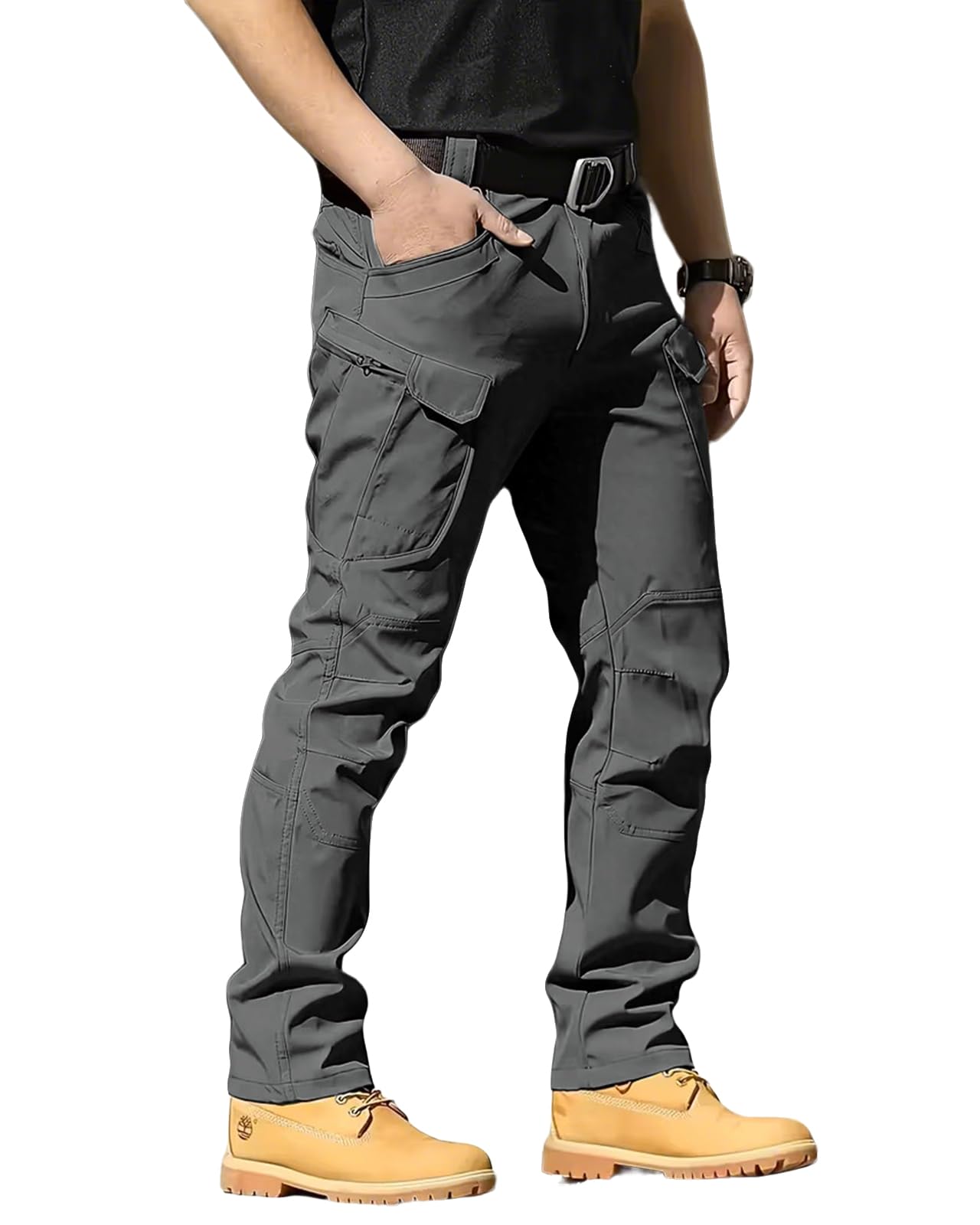 Men's Tactical Pants Stretch Waterproof Fabric Durable Cargo Pants for Hiking Casual Work Multi Pockets (No Belt)