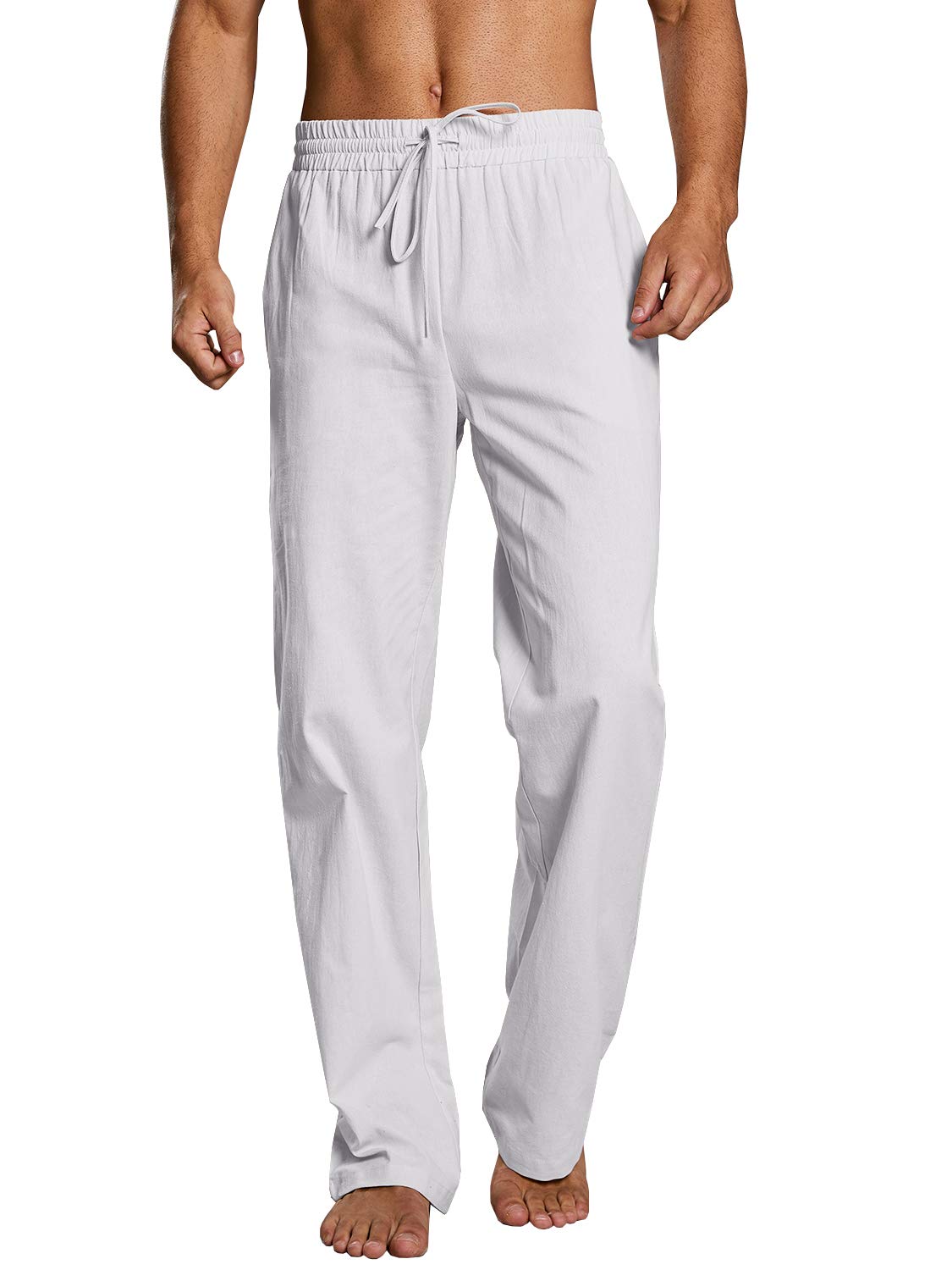 PASLTER Mens Cotton Linen Pants Casual Summer Beach Pants Dress Trousers | Loose Fit, Elastic Drawstring Waist, Lightweight, Straight-Legs, Slacks, Yoga, Work, Vacation, Quick Dry