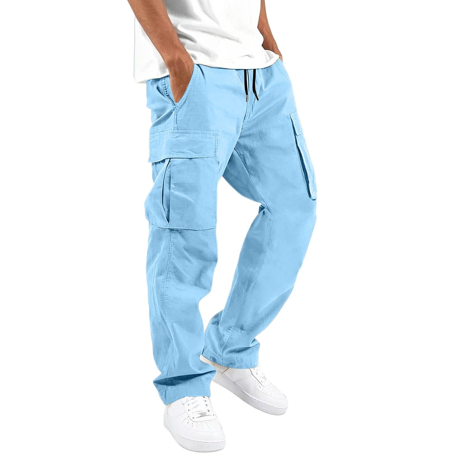 Mens Cargo Pants Casual Relaxed Fit Elastic Waist Hiking Cargo Work Pants | Drawstring Cargo Hiking Pants with Multi Pockets Straight Leg Athletic Pants for Outdoor Camping Fishing Workout Sweatpants