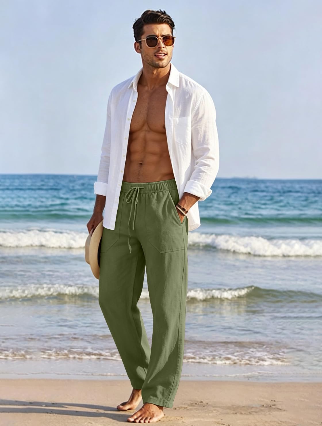 Puimentiua Cotton Linen Pants Men Casual Loose Fit Summer Beach Pants | Elastic Drawstring Waist Lightweight Lounge Pants, Wide Leg Baggy Yoga linen Sweatpants, Relaxed Fit, Side Pocket, Breathable