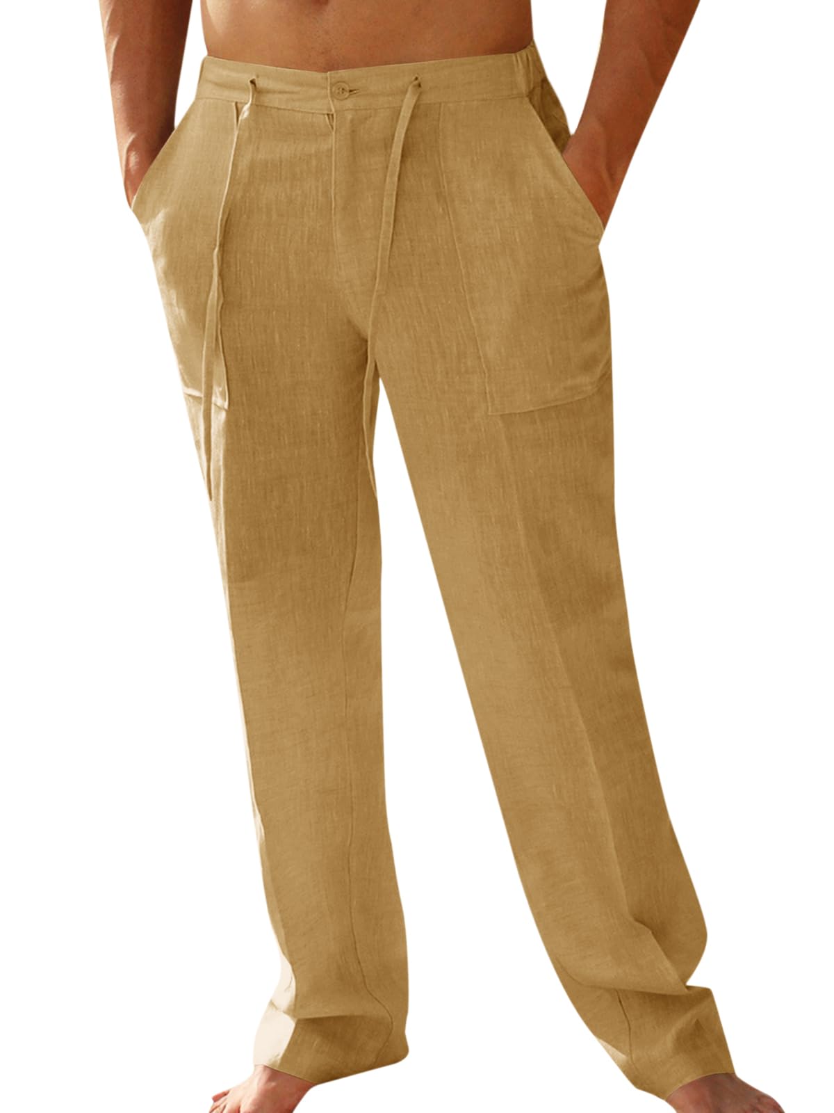 PASLTER Mens Cotton Linen Pants Casual Summer Beach Pants Dress Trousers | Loose Fit, Elastic Drawstring Waist, Lightweight, Straight-Legs, Slacks, Yoga, Work, Vacation, Quick Dry