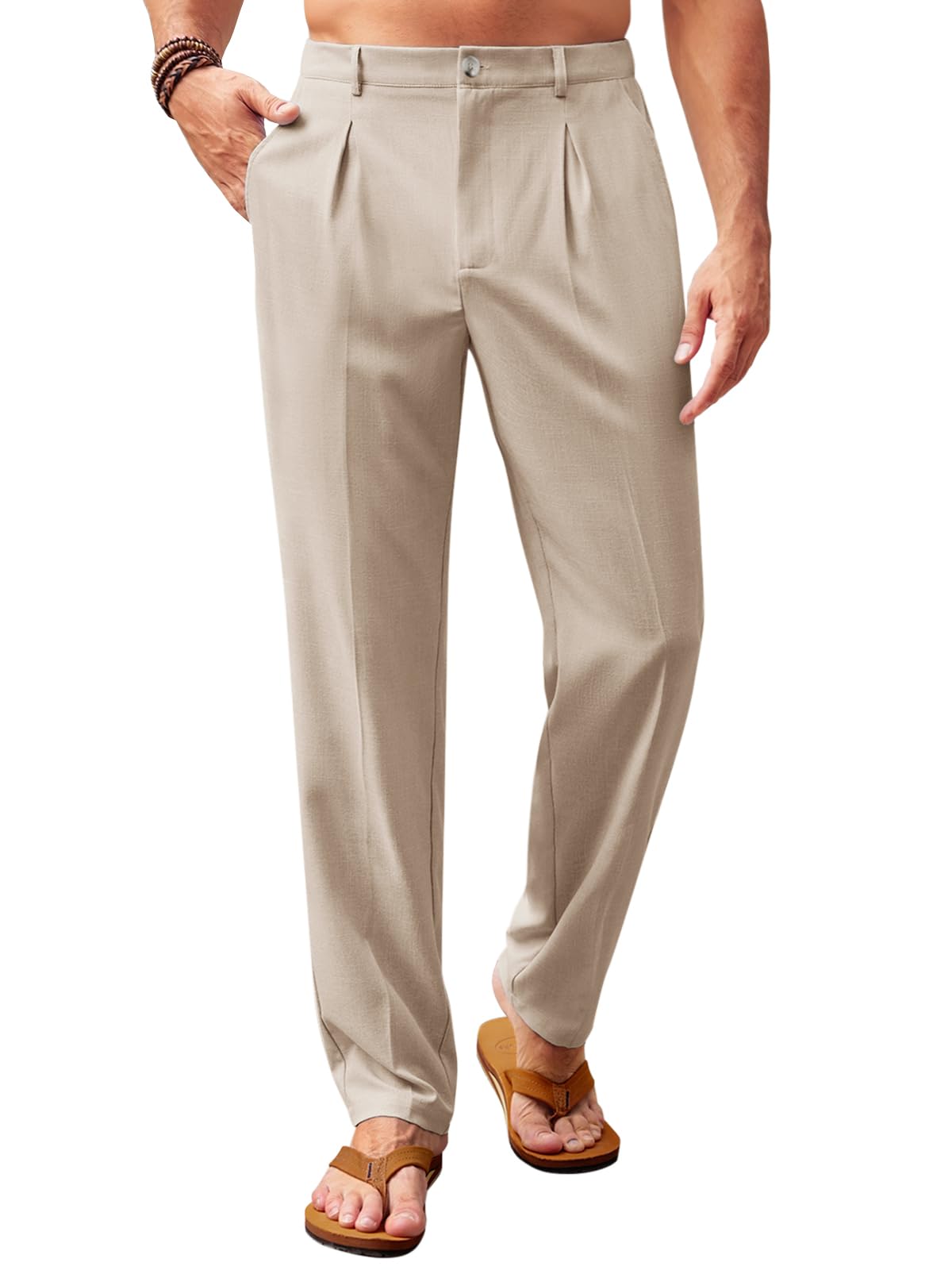 Runcati Mens Casual Pants Elastic Waist Lightweight Loose Pleated Slacks | Summer Beach, Yoga Trousers, Button Closure, Straight Leg, With Pockets, Solid Color