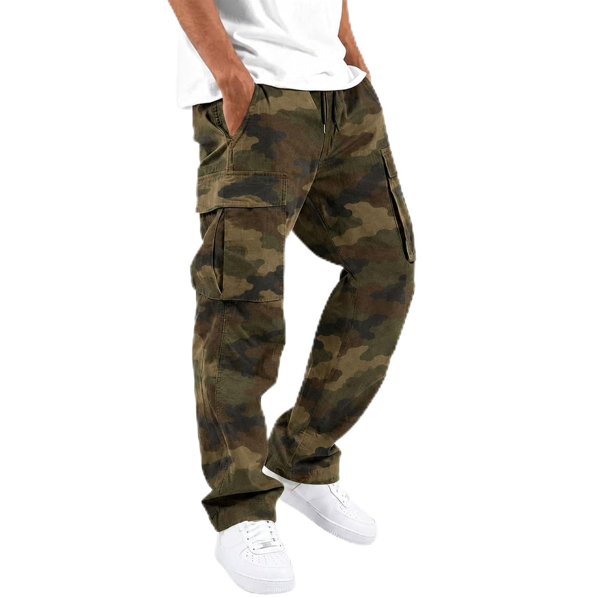 Mens Cargo Pants Casual Relaxed Fit Elastic Waist Hiking Cargo Work Pants | Drawstring Cargo Hiking Pants with Multi Pockets Straight Leg Athletic Pants for Outdoor Camping Fishing Workout Sweatpants