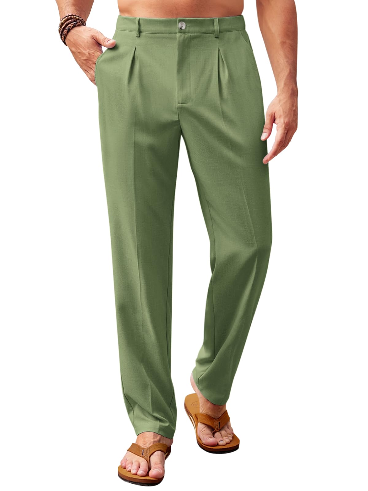 Runcati Mens Casual Pants Elastic Waist Lightweight Loose Pleated Slacks | Summer Beach, Yoga Trousers, Button Closure, Straight Leg, With Pockets, Solid Color