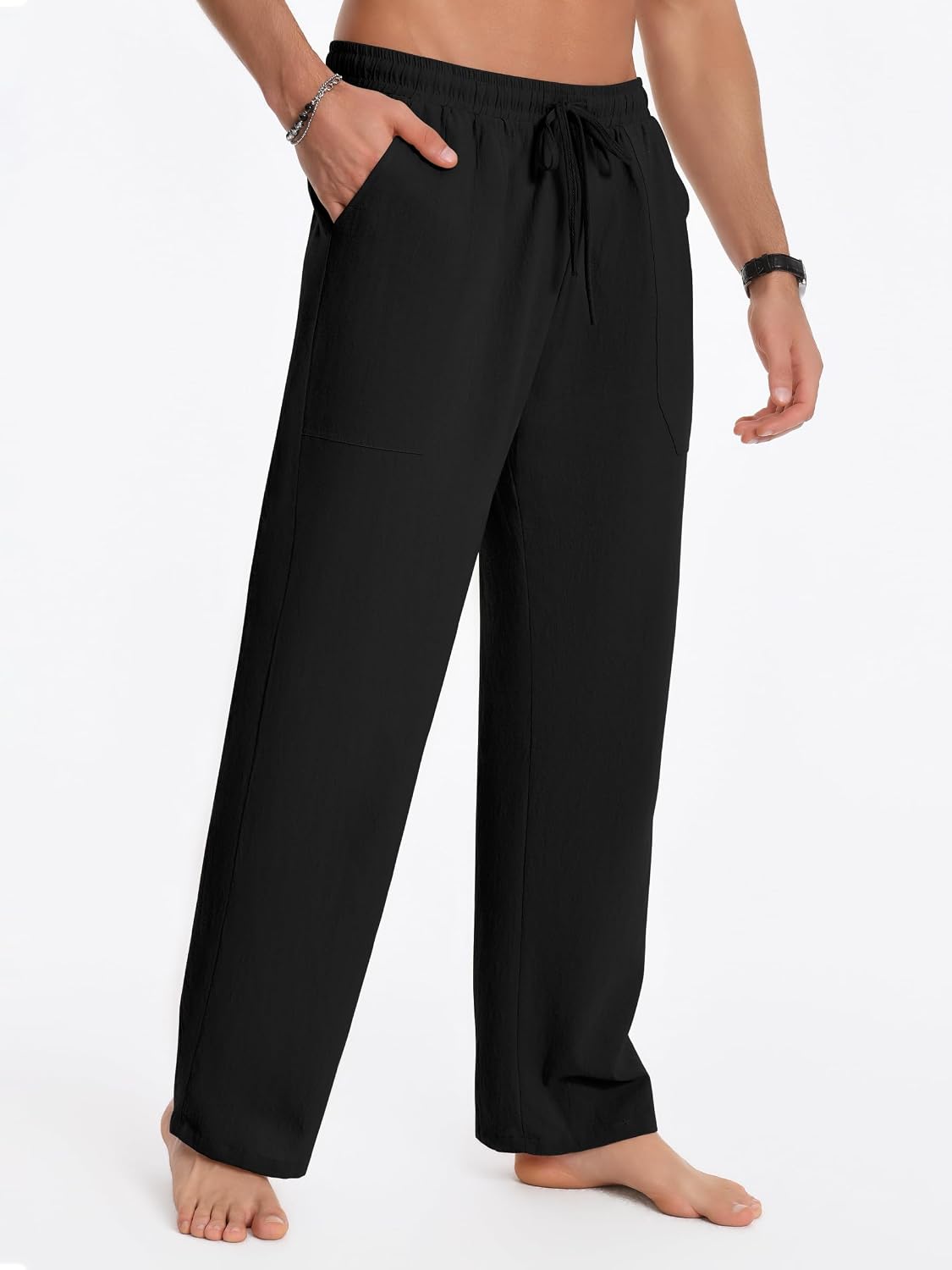 ZARLAN Breathable Men's Cotton Linen Pants Summer Beach Wide Leg | Casual Lightweight Loose Relaxed Fit Elastic Drawstring Waist Soft Cozy Trousers for Men