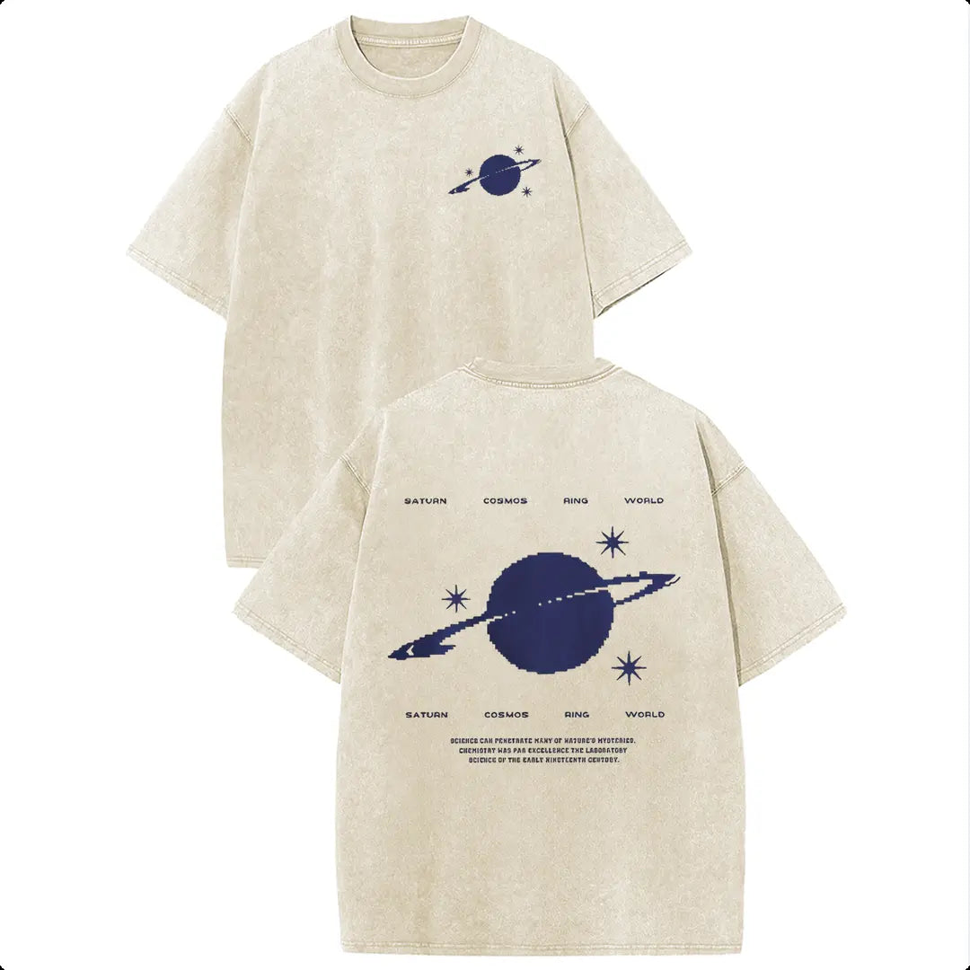 Holafish 100% Cotton Saturn Cosmos Womens Acid Washed T‑Shirt Retro Dual‑Side Graphic Printed Unisex Fashion Tees Summervibes Casual Top 2026