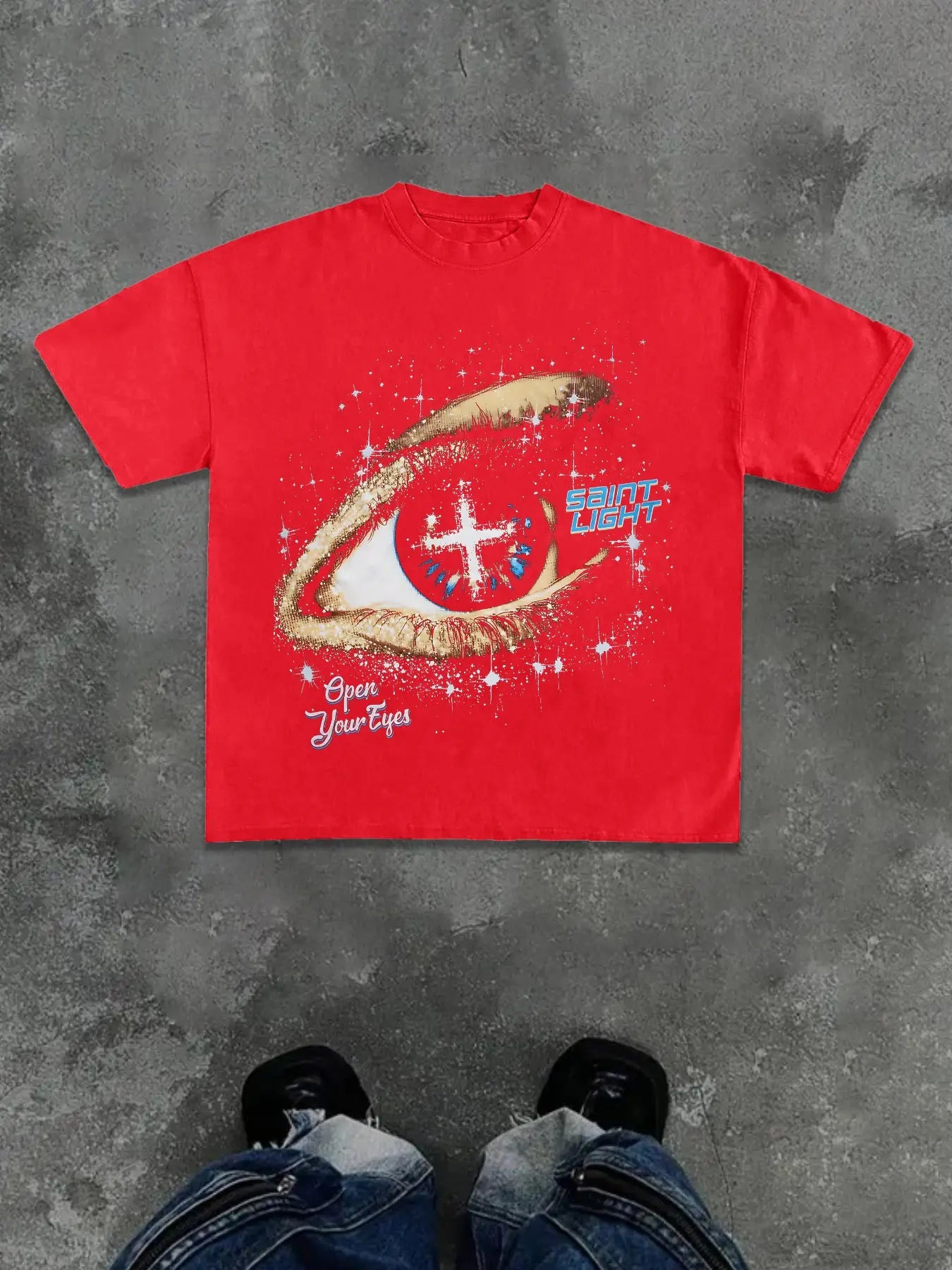 Men's Casual Streetwear Short Sleeve T-Shirt, Saint Eye Print with Shiny Star Details, Silver Color, Comfortable Fit, All-Season Wear