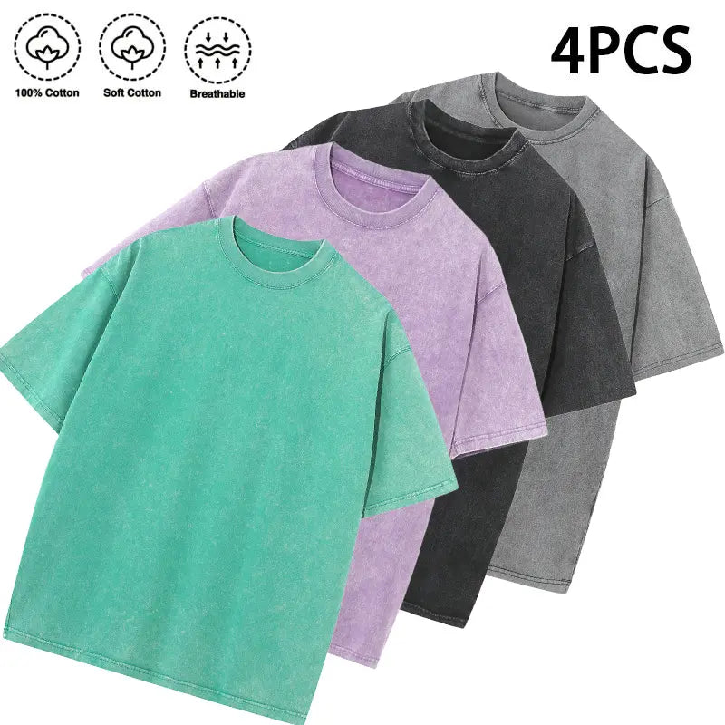 1/4 Pack Unisex 100% Cotton Vintage Wash T Shirts, Essential Crewneck Tees for Streetwear, Travel, Music Festivals & Everyday Basics, Soft Pre Shrunk Wardrobe Bundle