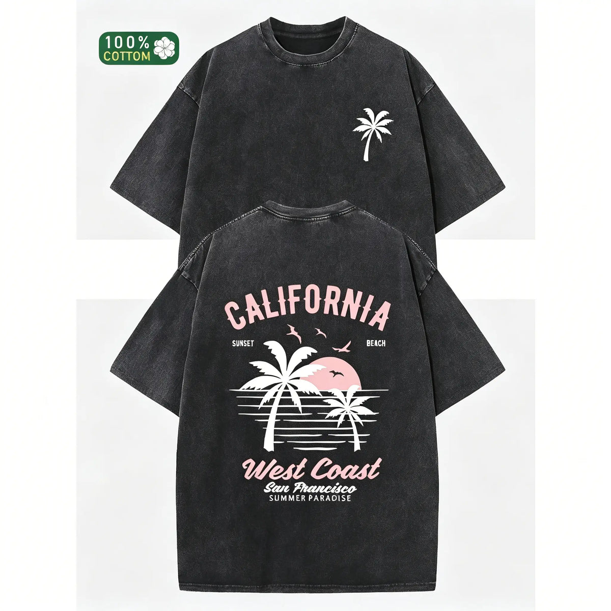 Washed Cotton California Graphic Tee – 230g Soft Vintage Surf Beach Tee with Palm Trees & Retro Print, Loose Fit Summer Casual Shirt for Men Women, Unisex Machine Washable Baggy Crewneck Basic Classic