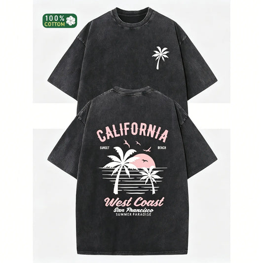 Washed Cotton California Graphic Tee – 230g Soft Vintage Surf Beach Tee with Palm Trees & Retro Print, Loose Fit Summer Casual Shirt for Men Women, Unisex Machine Washable Baggy Crewneck Basic Classic