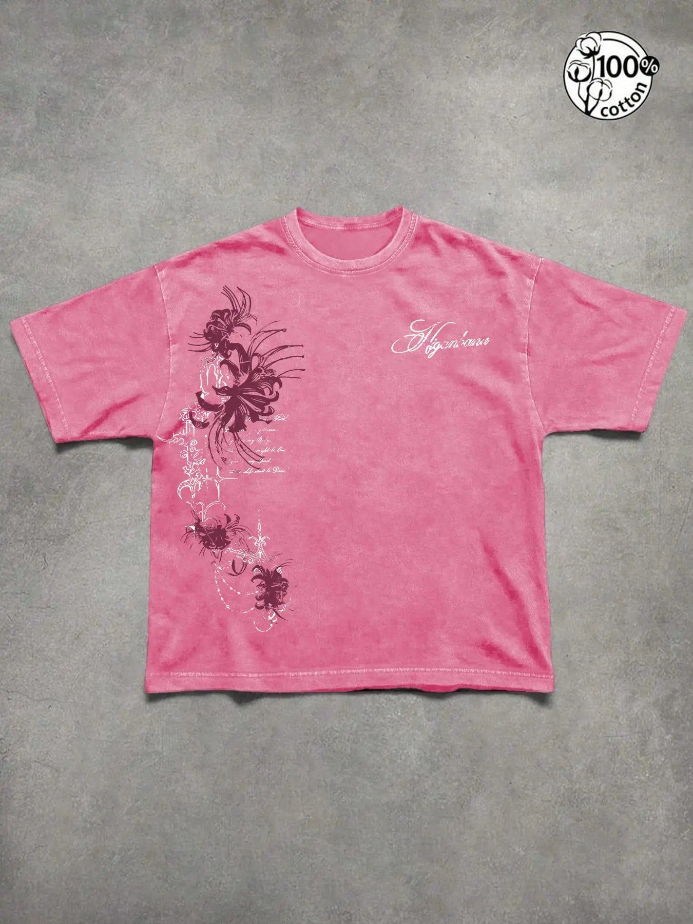 Unisex 100% Cotton Washed Vintage Spider Lily Print Oversized T-Shirt, Y2K Dark Gothic High-Street American Retro Streetwear Top, Casual