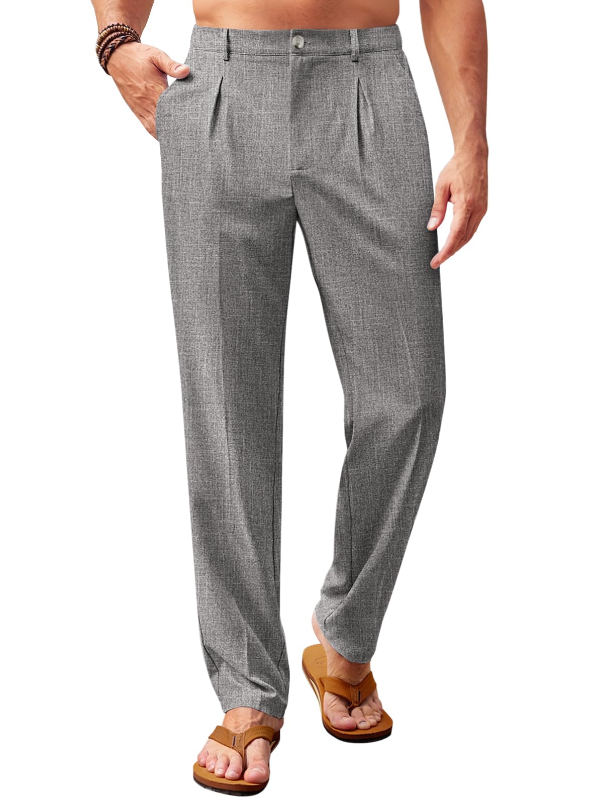 Runcati Mens Casual Pants Elastic Waist Lightweight Loose Pleated Slacks | Summer Beach, Yoga Trousers, Button Closure, Straight Leg, With Pockets, Solid Color