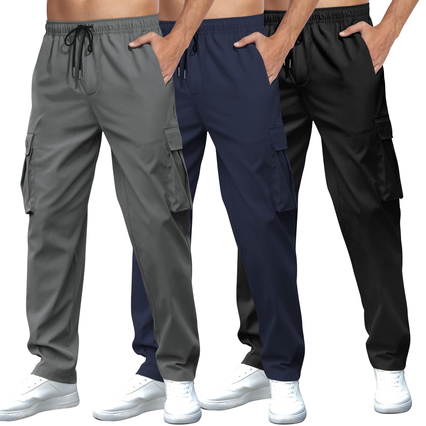Mens Casual Cargo Pants Drawstring Elastic Waist Sweatpants for Men | Loose Fit Lightweight Tactical Pants with 4 Pockets Outdoor Hiking Athletic Joggers