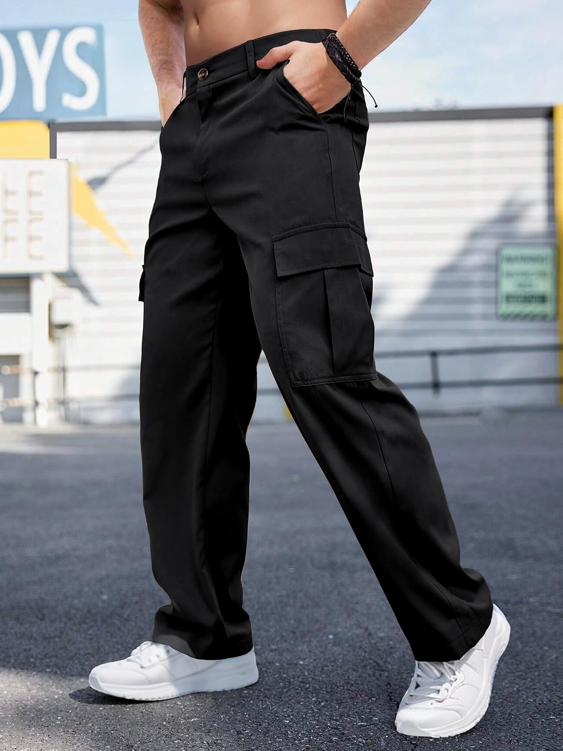 Comdecevis Men's Casual Cargo Pants Relaxed Fit Work Pants | Straight leg, elastic waist, 6 utility pockets, lightweight & breathable, zipper fly with button, ideal for casual work