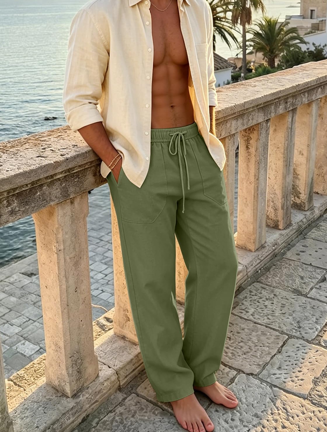 Puimentiua Cotton Linen Pants Men Casual Loose Fit Summer Beach Pants | Elastic Drawstring Waist Lightweight Lounge Pants, Wide Leg Baggy Yoga linen Sweatpants, Relaxed Fit, Side Pocket, Breathable
