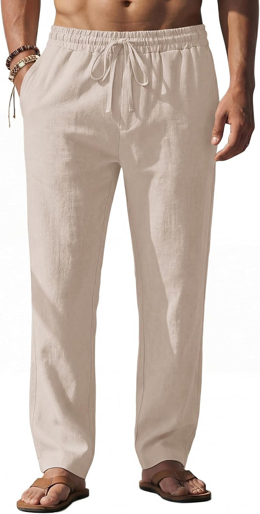 COOFANDY Men's Casual Linen Pants Loose Fit Elastic Waist Drawstring Lightweight Pant Summer Beach Trousers