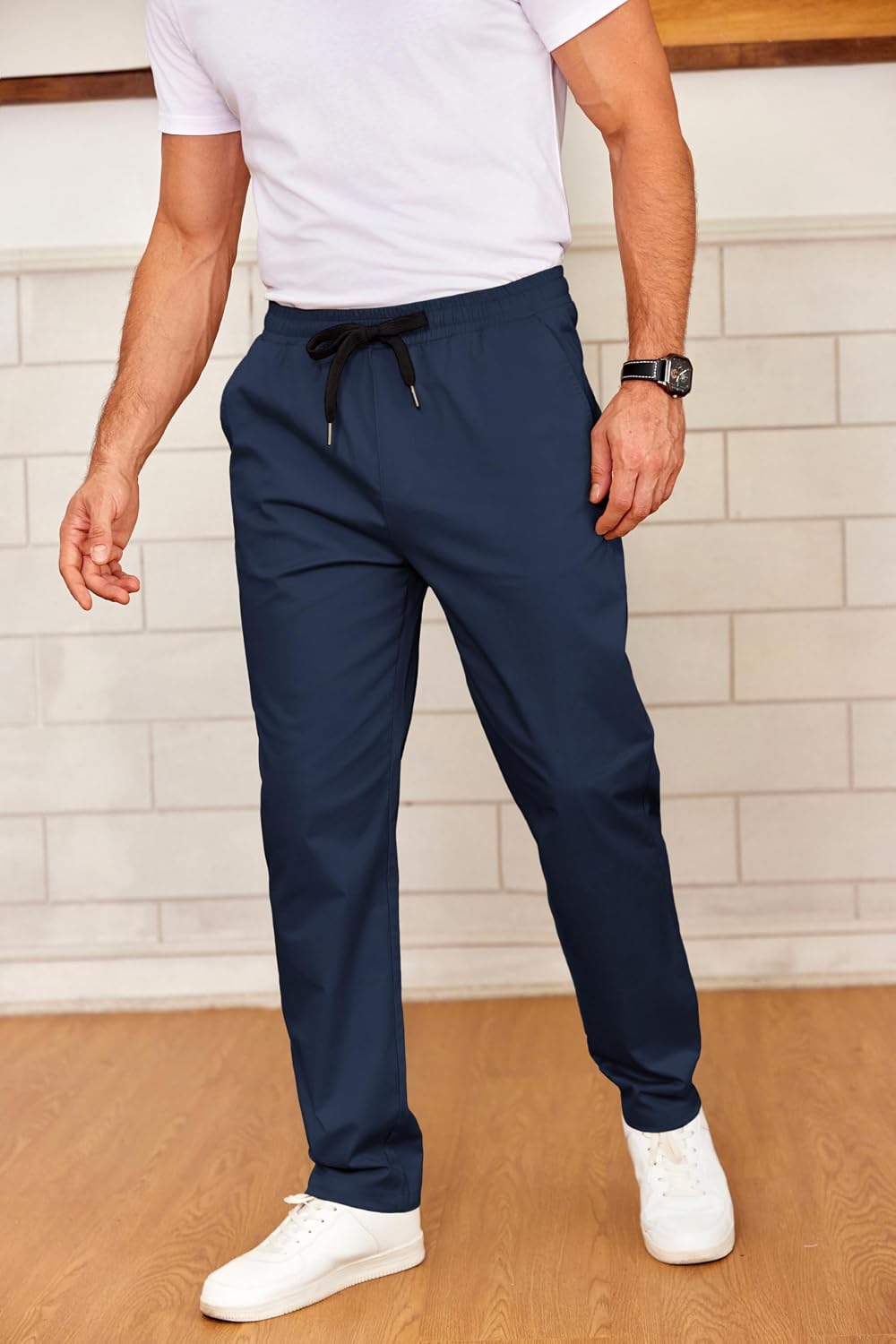 COOFANDY Men's Drawstring Casual Pants Cotton Twill Elastic Waist Chino Pants