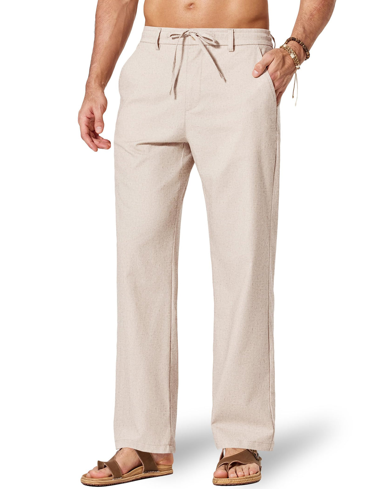 COOFANDY Men's Cotton Linen Pants Casual Drawstring Dress Pants Beach Summer Lightweight Trousers