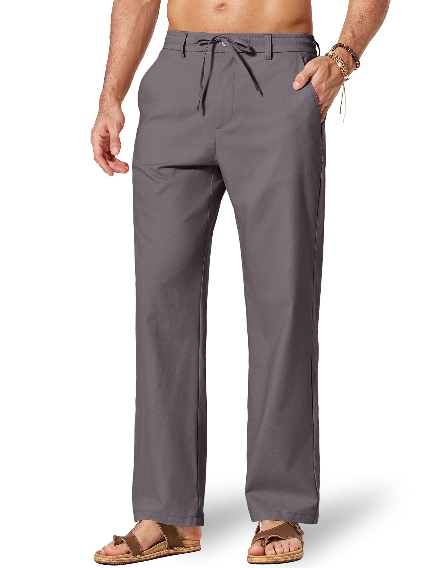 COOFANDY Men's Cotton Linen Pants Casual Drawstring Dress Pants Beach Summer Lightweight Trousers
