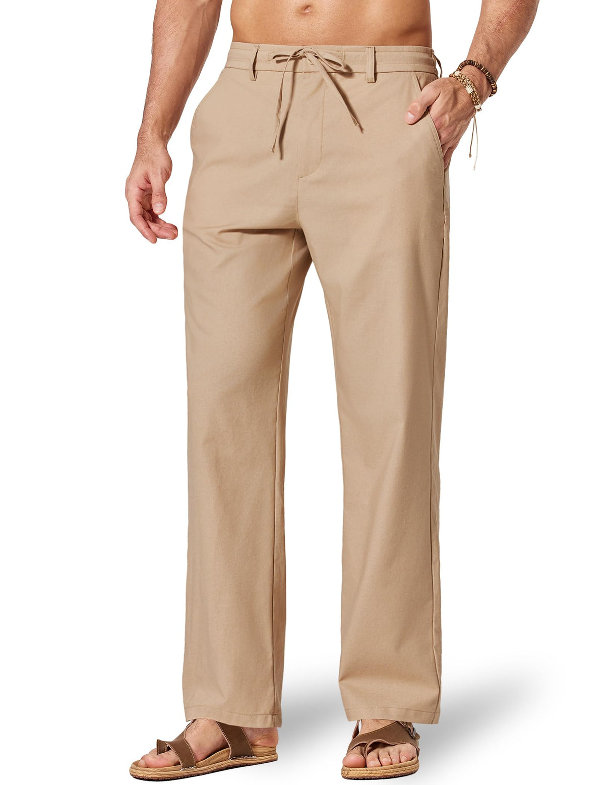 COOFANDY Men's Cotton Linen Pants Casual Drawstring Dress Pants Beach Summer Lightweight Trousers