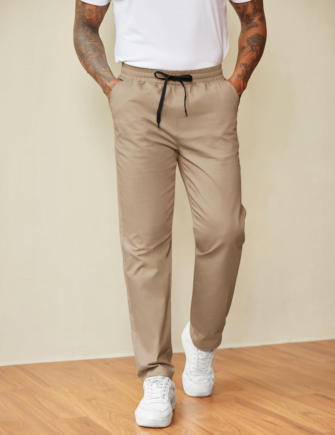COOFANDY Men's Casual Pants Drawstring Elastic Waist Chino Pants Straight Leg Slacks Cotton Twill Trousers with Pockets